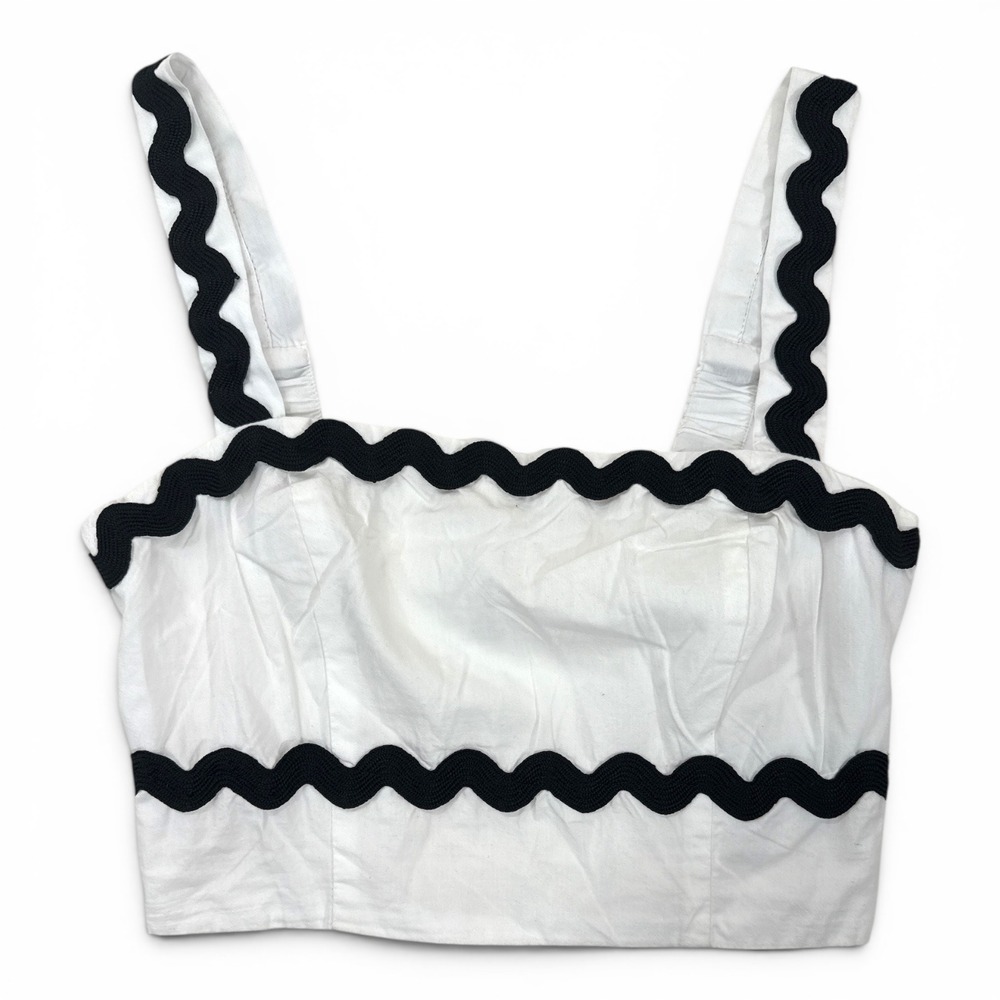 Japna Womens White Black Ric-Rac Trim Smocked Back Crop Square Neck Size M NWT